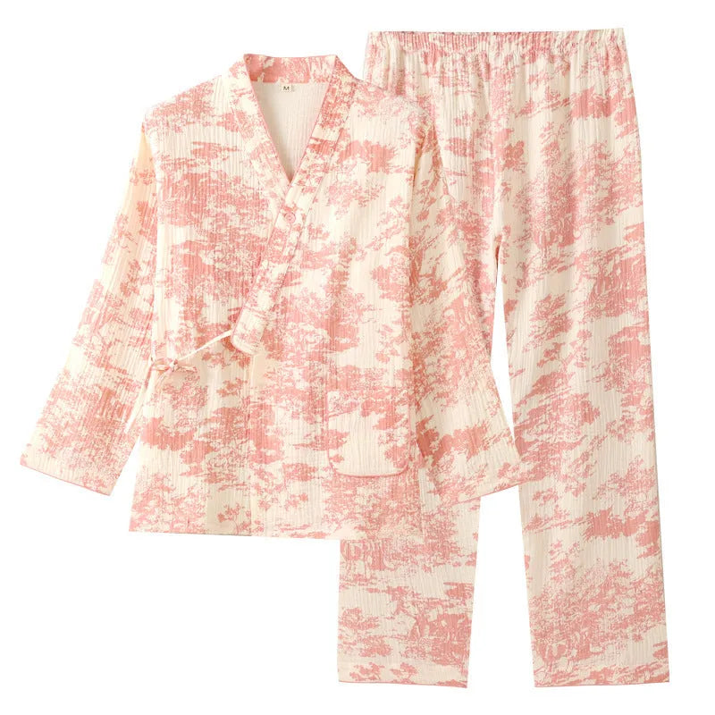 Women's pink frosted pine trees cotton gauze suit with lace-up trousers and long sleeves