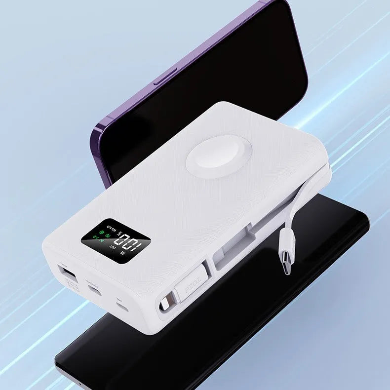 White and black wireless charging power bank with 20000mAh capacity and seven charging ports