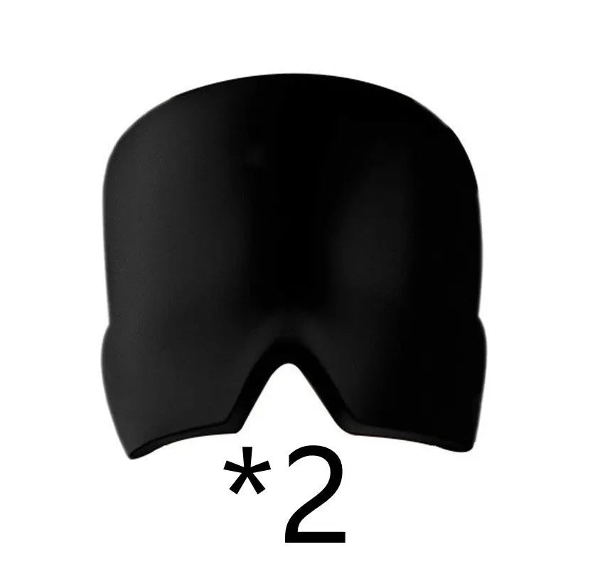 Adjustable ice headache relief gel eye mask showing 22x17cm dimensions and headband fitting 42-66cm circumference