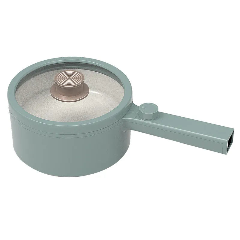 White or green portable electric hot pot cooker with multi-function controls on a countertop.
