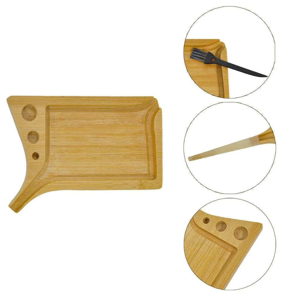 Bamboo slotted funnel-type cigarette tray set, 13.2cm long, 10cm wide, with 11 x 2.5cm brush in wood colour