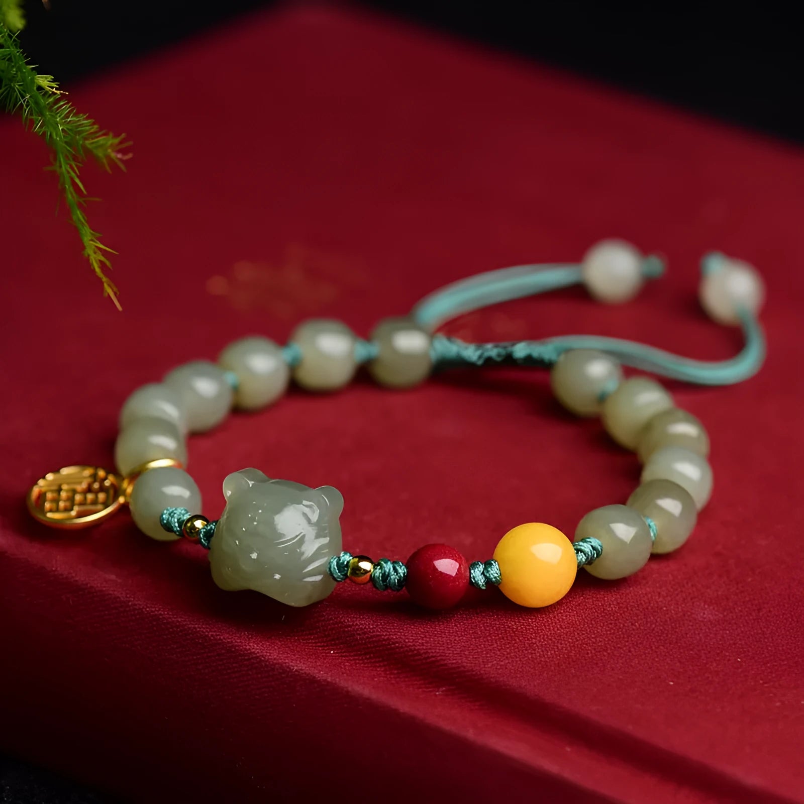Natural Hetian Jade bracelet with animal Zodiac modelling and unset Cinnabar Beeswax beads.