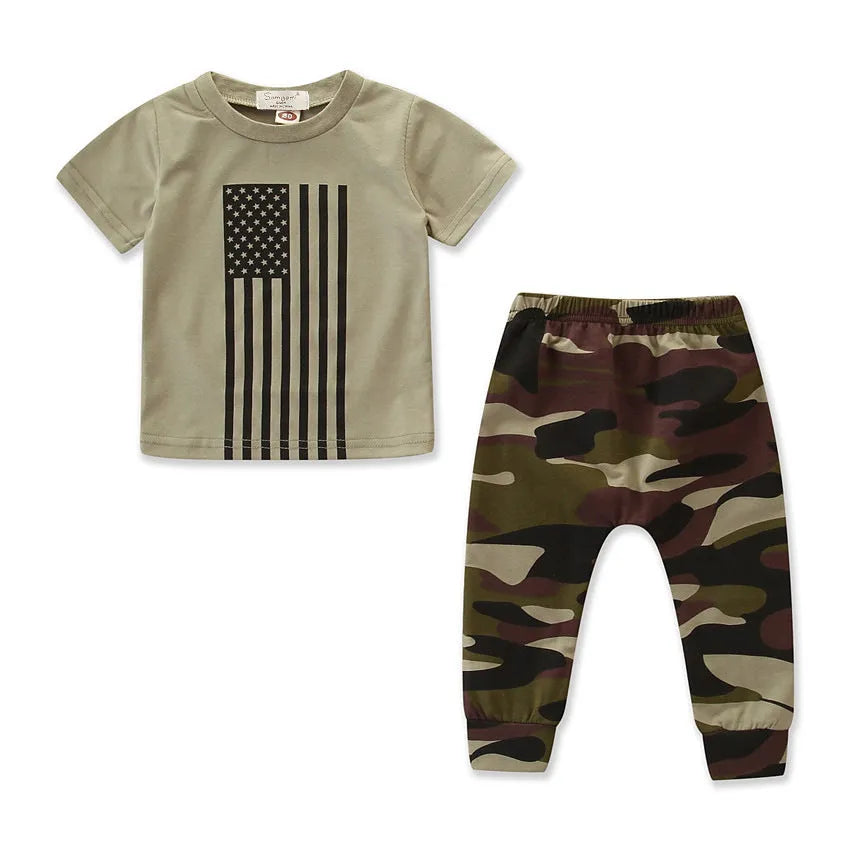Little kids' flag camouflage summer suit set with short sleeve shirt and pants