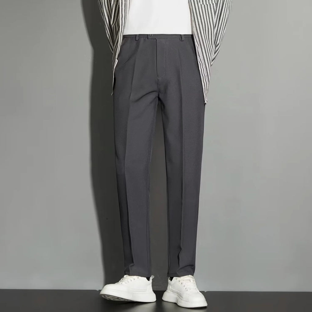 Men's straight-leg suit trousers with spring draping effect in apricot colour, showing waist to ankle design