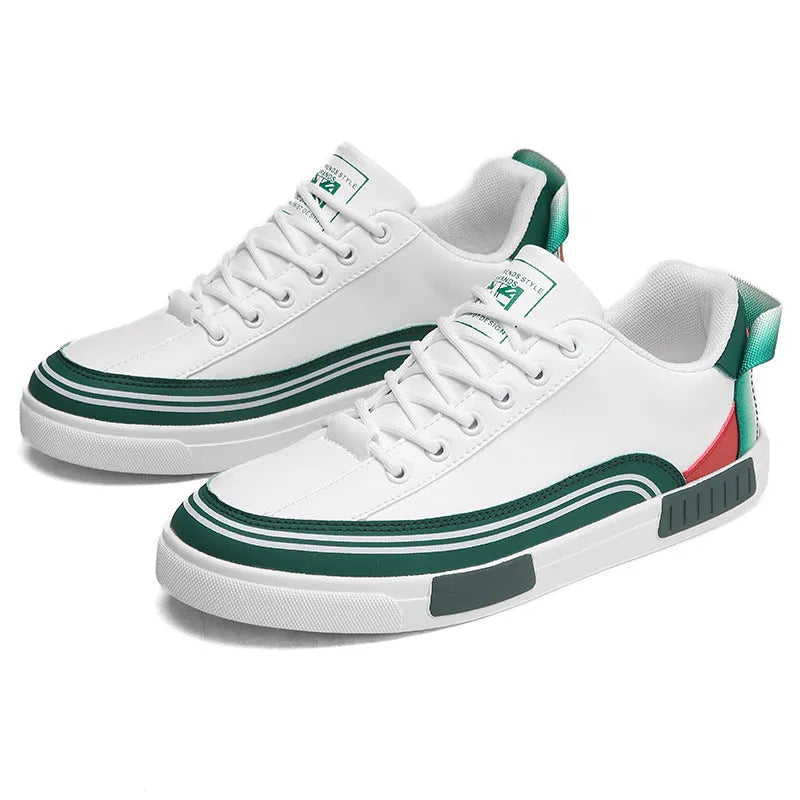 Men's beige, white and green canvas casual shoes with mesh panels, flat heel, and round toe.