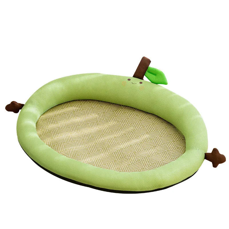 Fruit backrest pet nest in green showing backrest design with size options from 45x35cm to 80x60cm