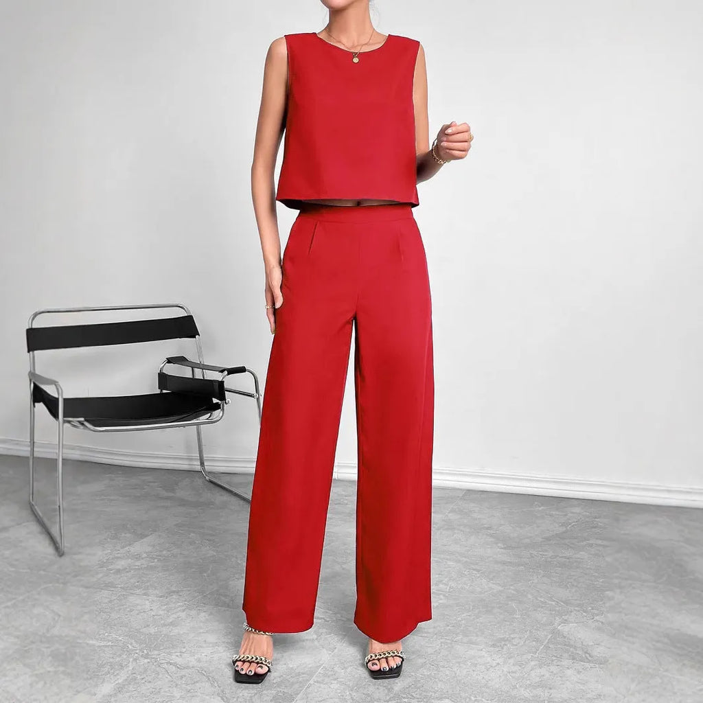 Red or navy blue sleeveless top and wide leg pants two-piece set in 100% polyester fabric