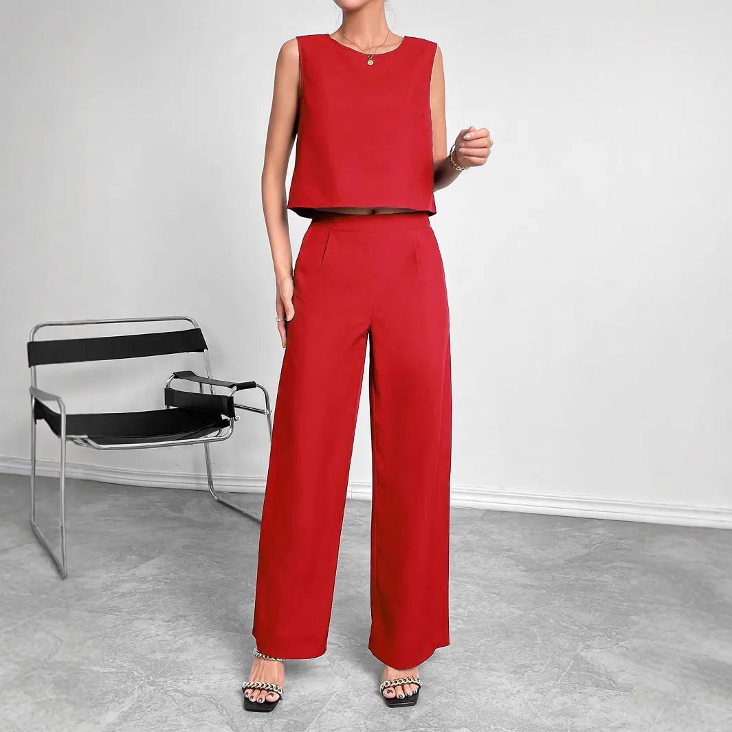 Red or navy blue sleeveless top and wide leg pants two-piece set in 100% polyester fabric