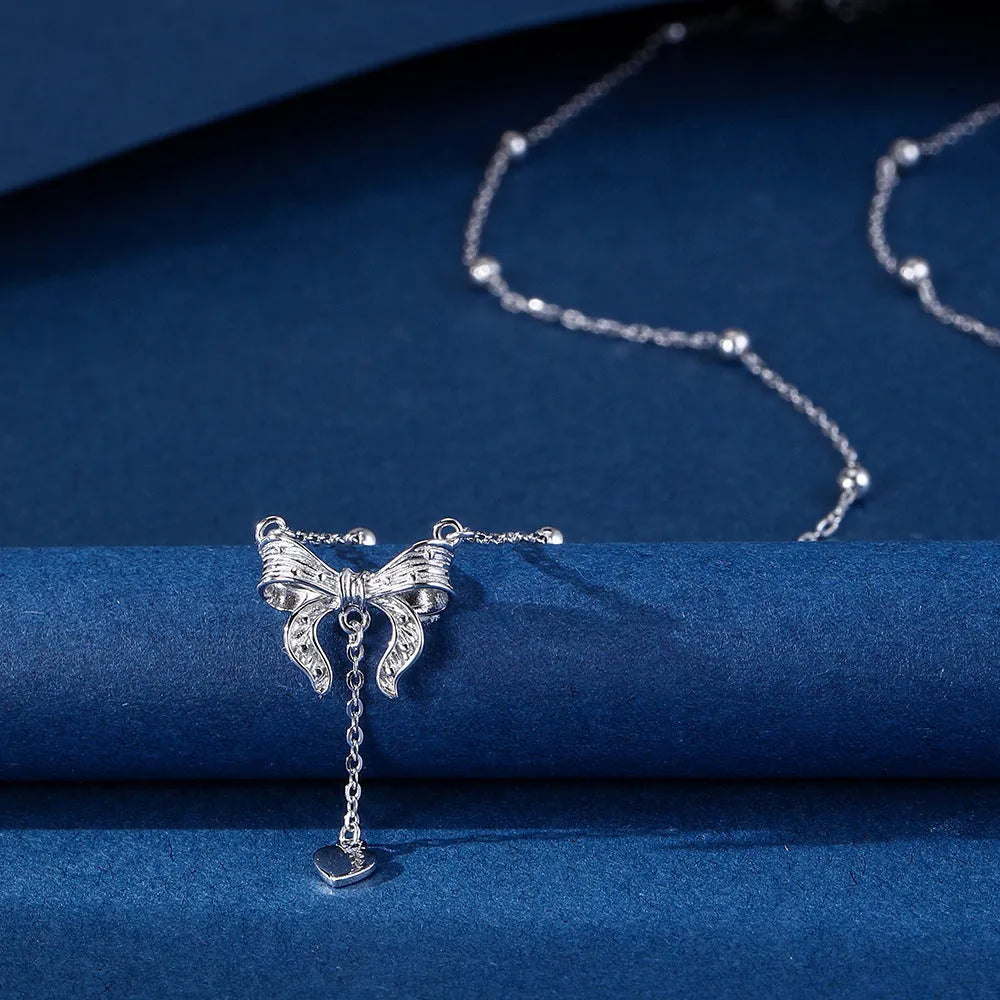 S925 silver adjustable clavicle chain with butterfly heart pendant on 40-45cm O-ring chain