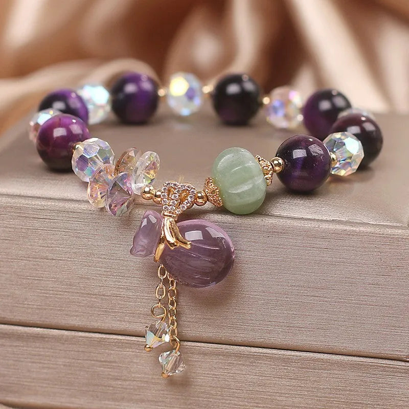 Women's purple tigereye money bag pendant crystal bracelet with rhinestone forest style design
