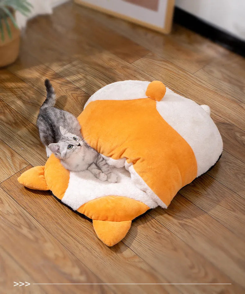 Orange semi-closed cat sleeping bag measuring 65cm x 53cm