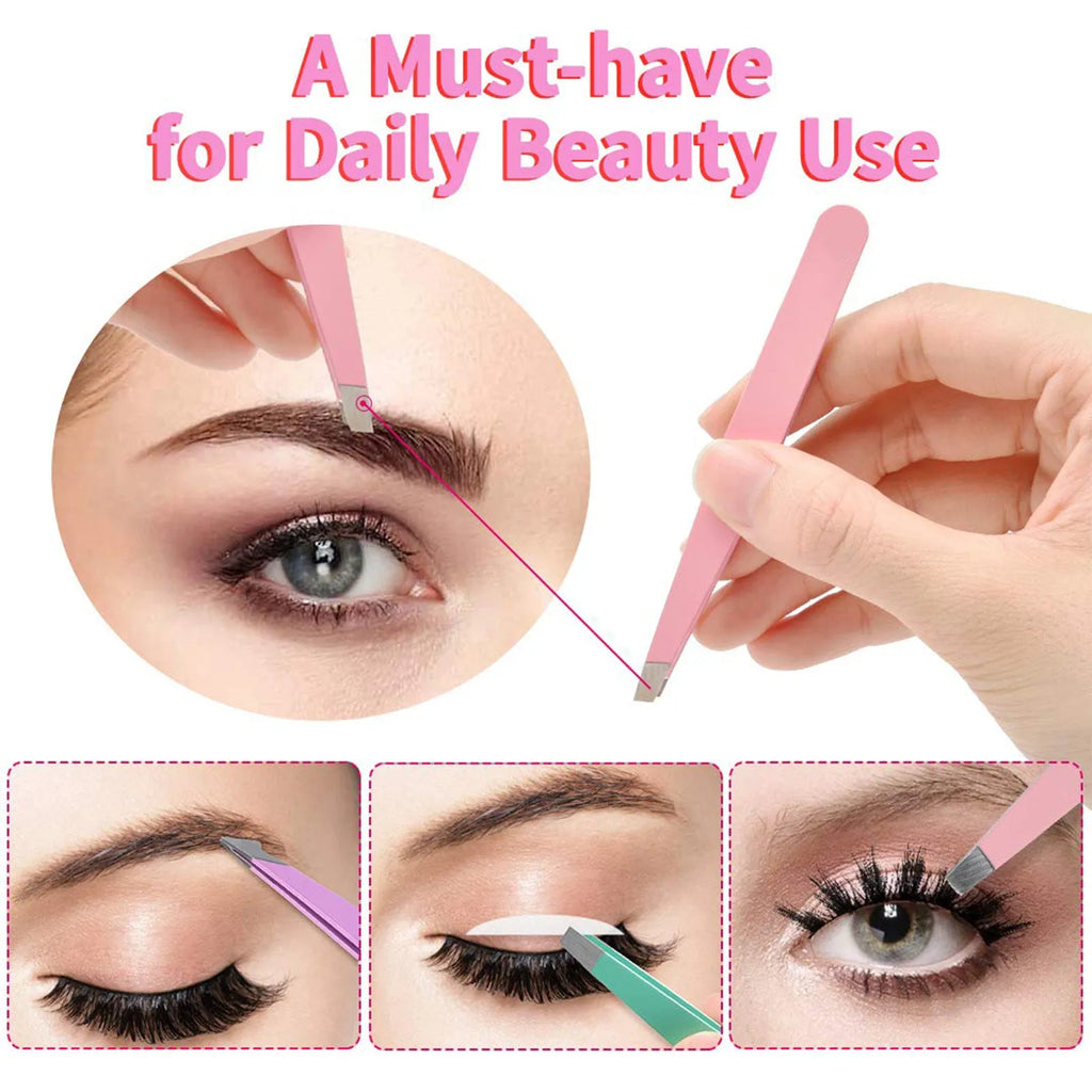 Professional stainless steel eyebrow tweezers set with curved scissors and leather case