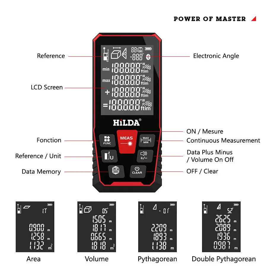 Handheld laser rangefinder for measuring building and room distances up to 120 metres.