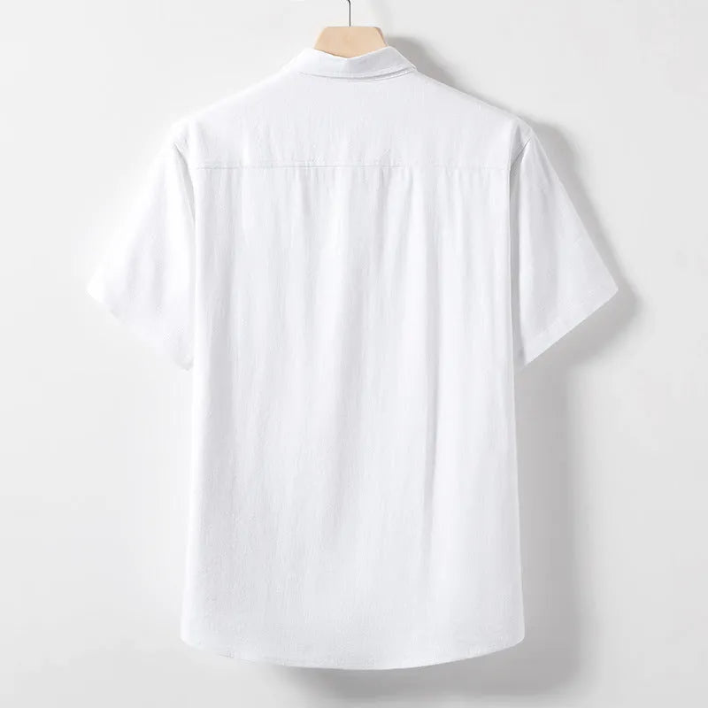 Men's linen blend T-shirt with loose lapel in black, optic linen, or white, sizes M to 5XL