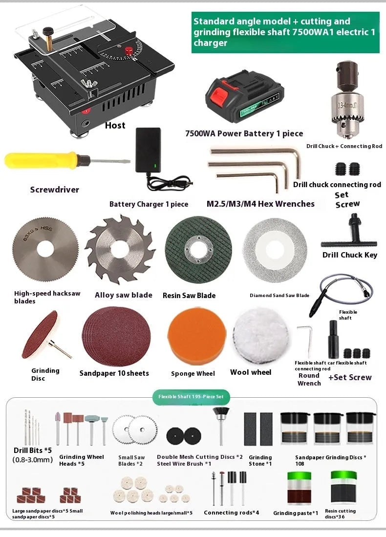 Lithium ion micro desktop saw with metal body and angle attachments for cordless cutting
