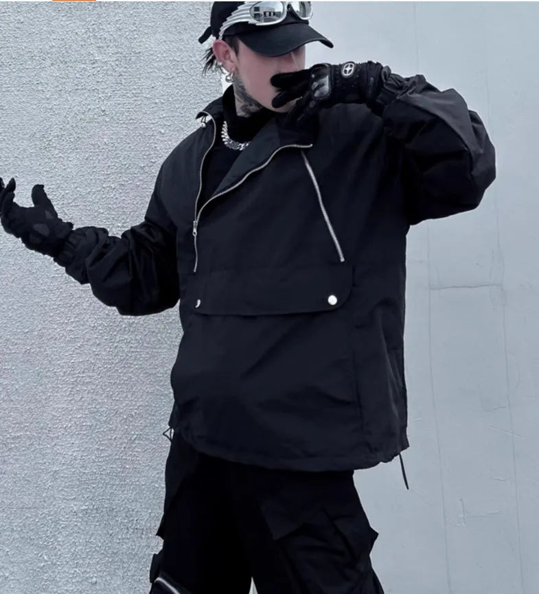 Black polyester shell jacket with double zipper and stand collar, sizes M L XL
