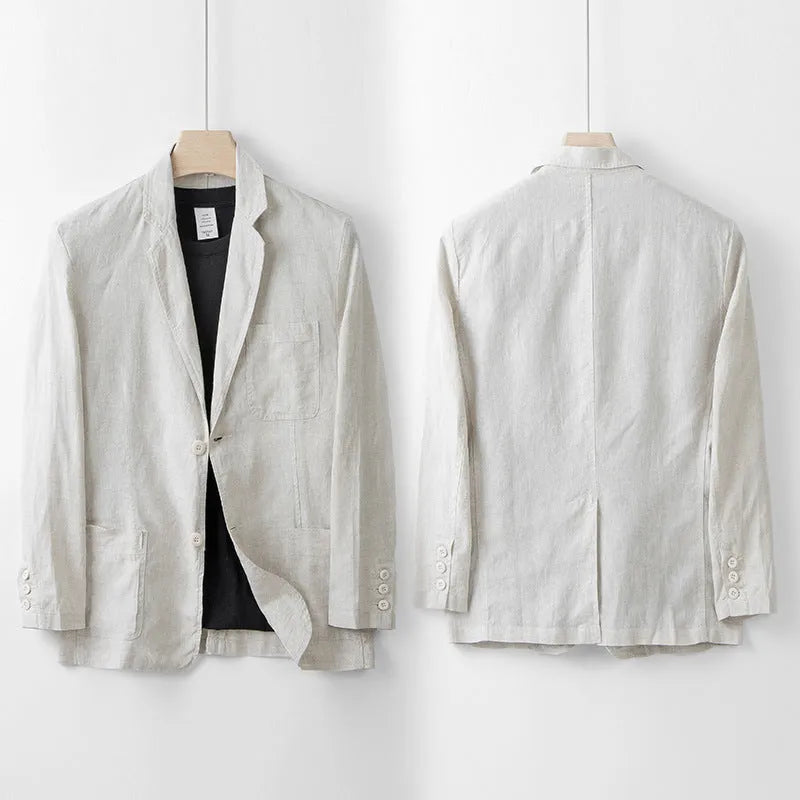 Men's linen casual suit jacket in loose fit available in multiple solid colours with long sleeves