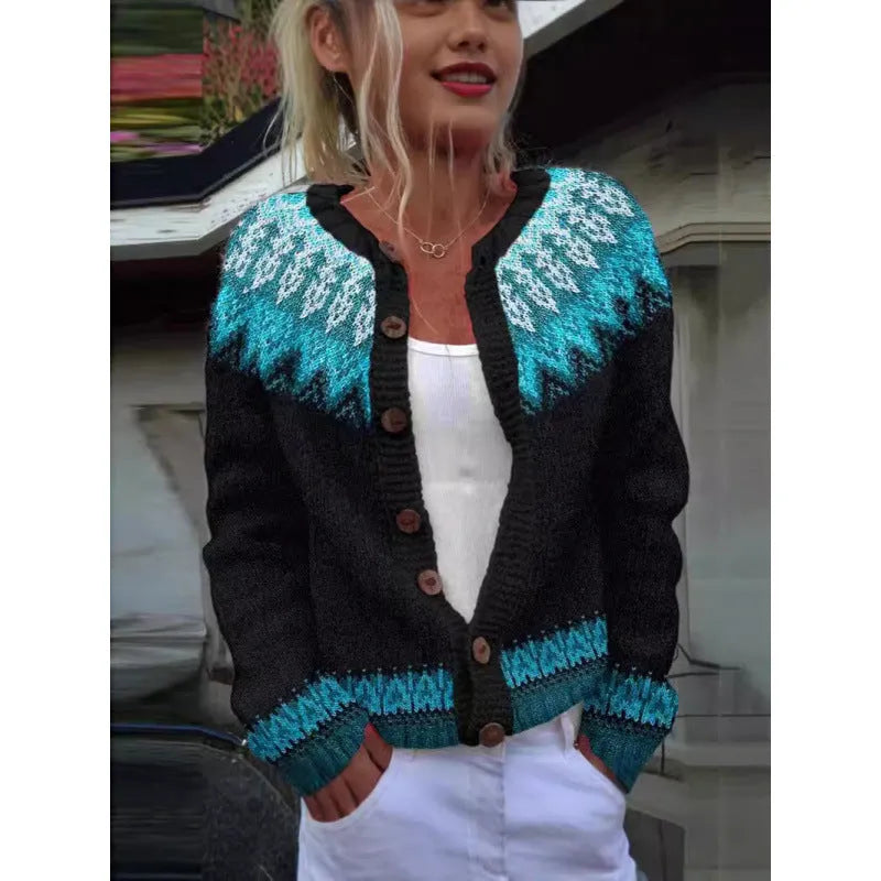 Yellow cardigan knitted coat with a raised 3D digital print pattern, shown on a hanger.