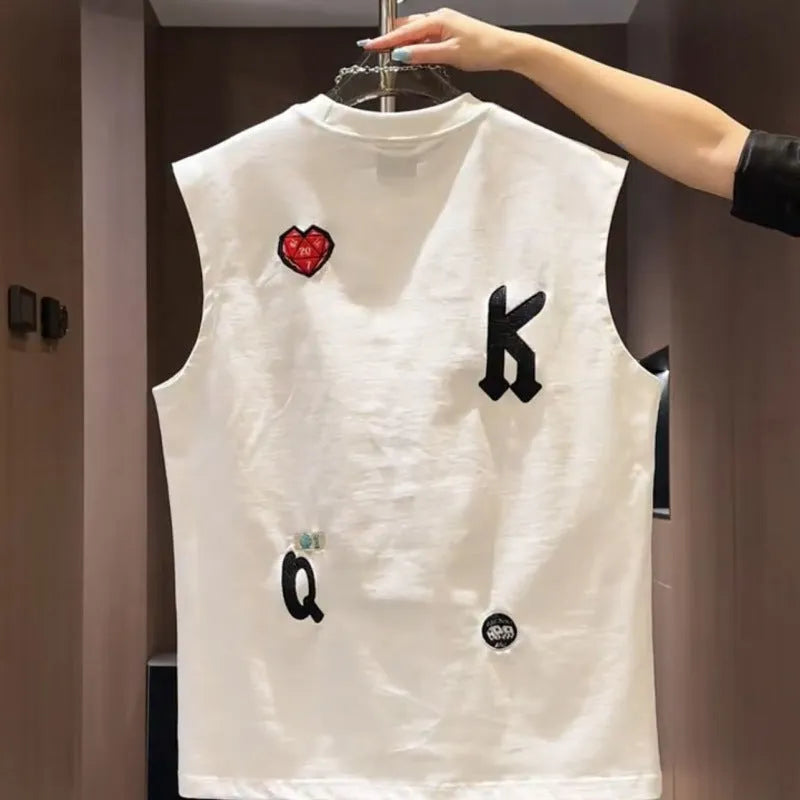 Men's white cotton sleeveless vest t-shirt with a cartoon print on the front.
