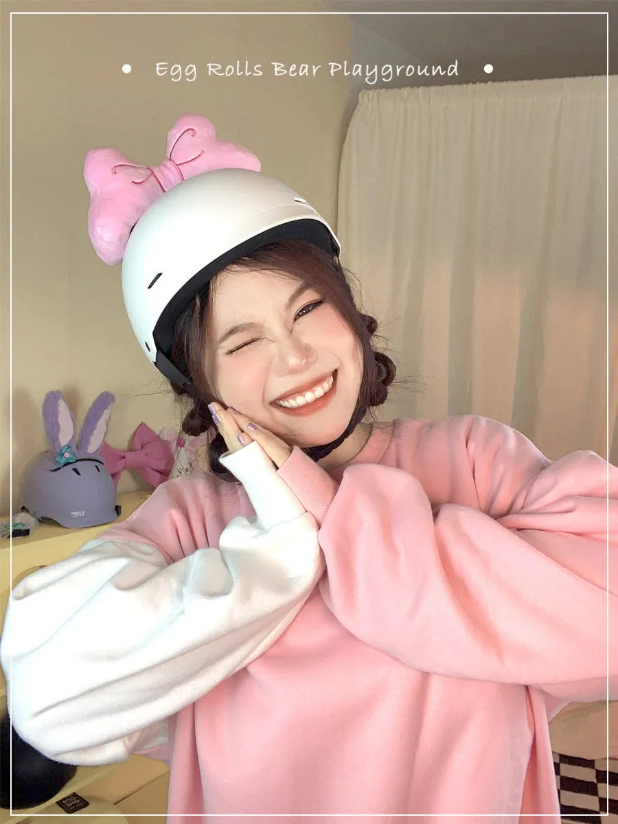 10cm plush bow helmet decoration in bright red, peach pink, and rose pink colours