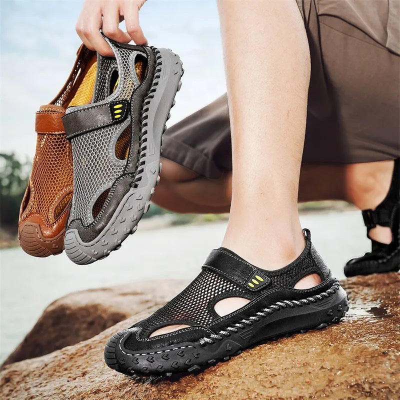 Men's black casual sandals with breathable mesh upper and Velcro straps