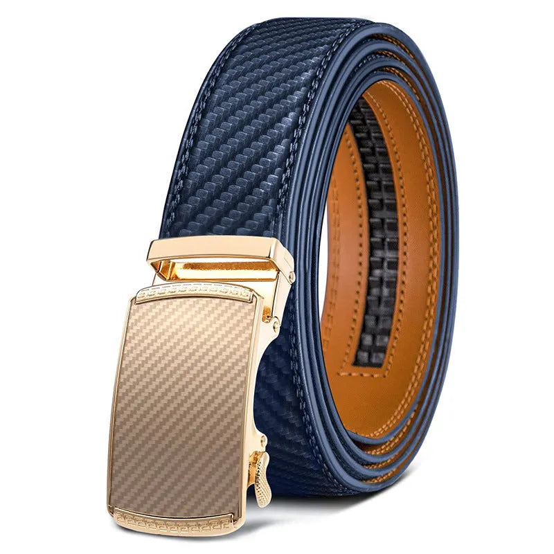 Men's PU leather belt with an automatic alloy buckle in an embossed finish.