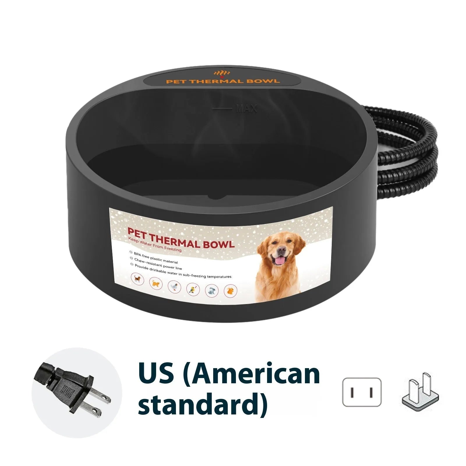 Black ABS pet heating bowl with 2.2L capacity and 35W heating element for constant temperature maintenance