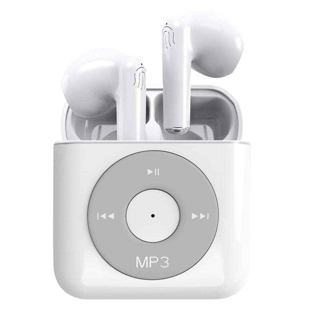 White wireless Bluetooth earphones with charging case showing semi in-ear design and compact size