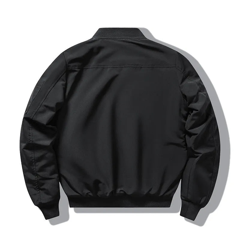 Slim-fit stand collar motorcycle coat with retro embroidery detailing on chest, showing patch pockets and cotton-padded construction