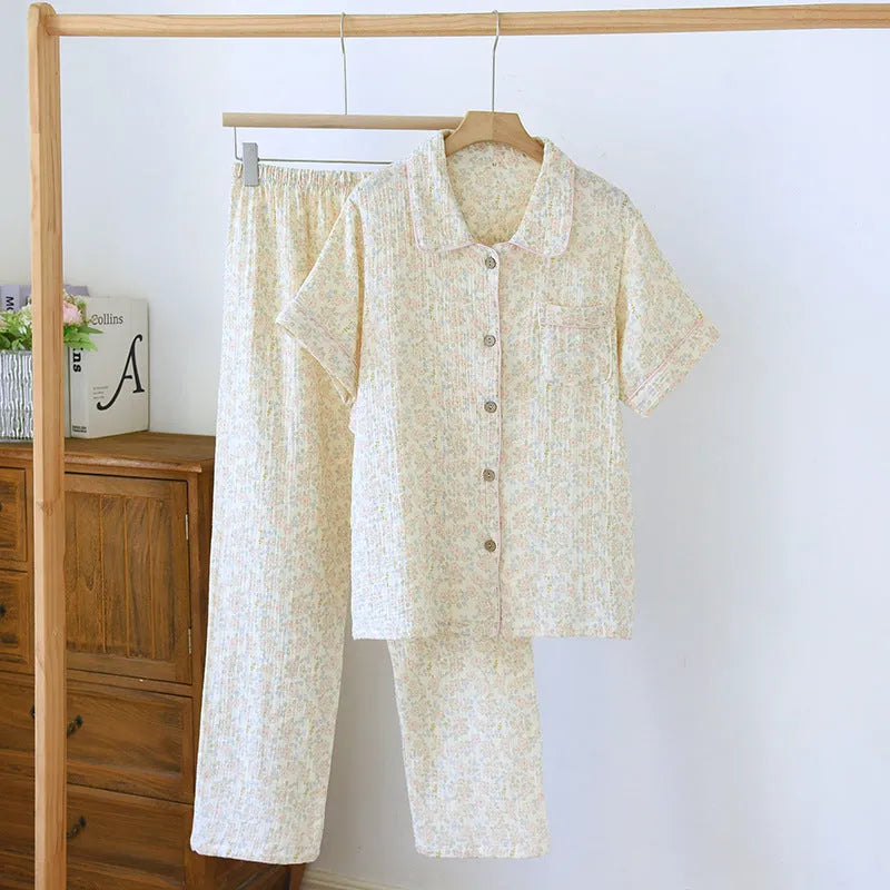 Washed cotton double-layer gauze trousers with three-quarter sleeves in Flower Sea or Yellow Plaid colours