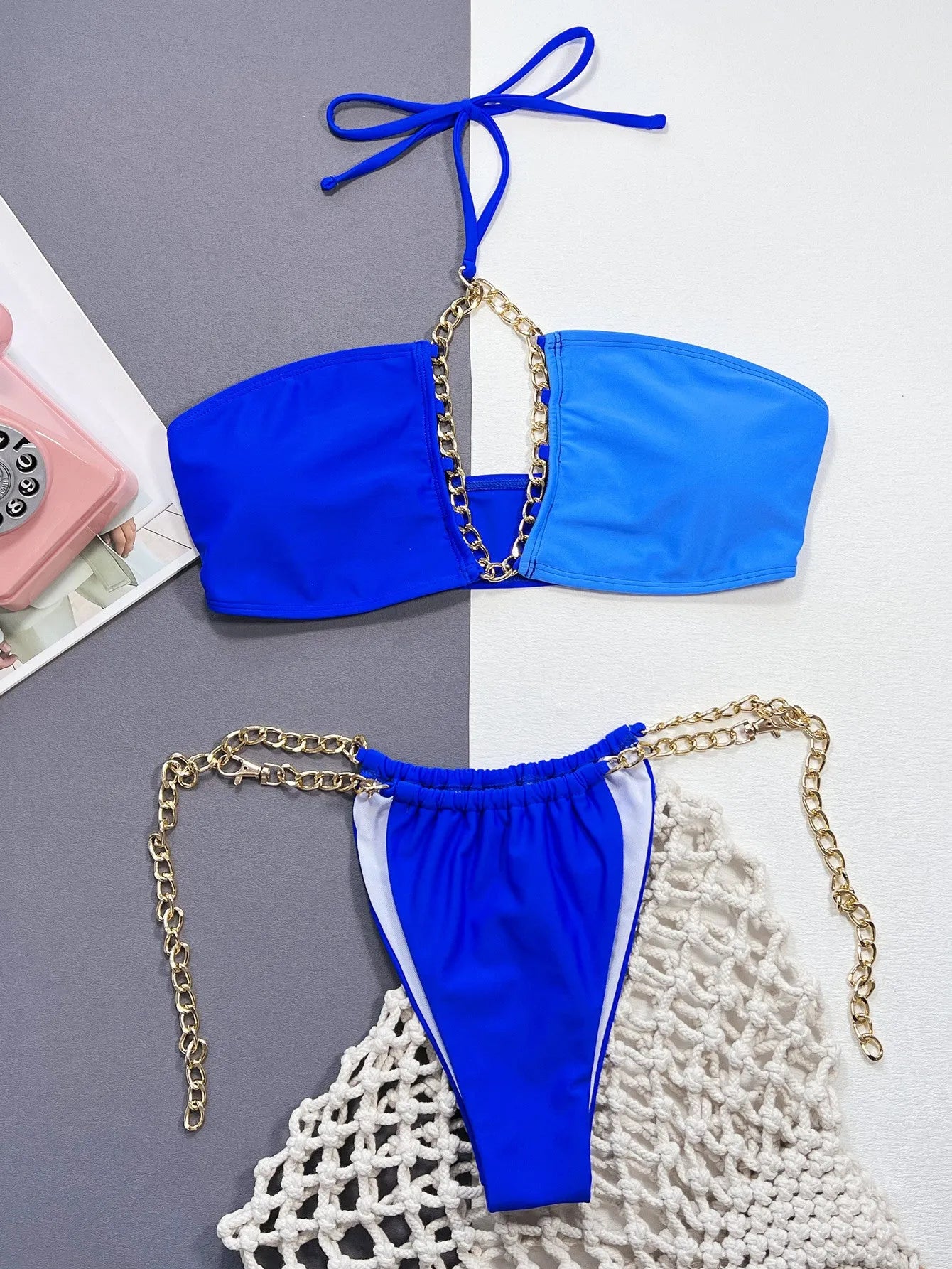 Blue solid colour women's nylon bikini swimwear with split-style design
