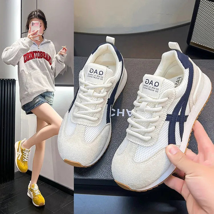 Women's white casual lace-up sneakers with round toe and non-slip plastic sole