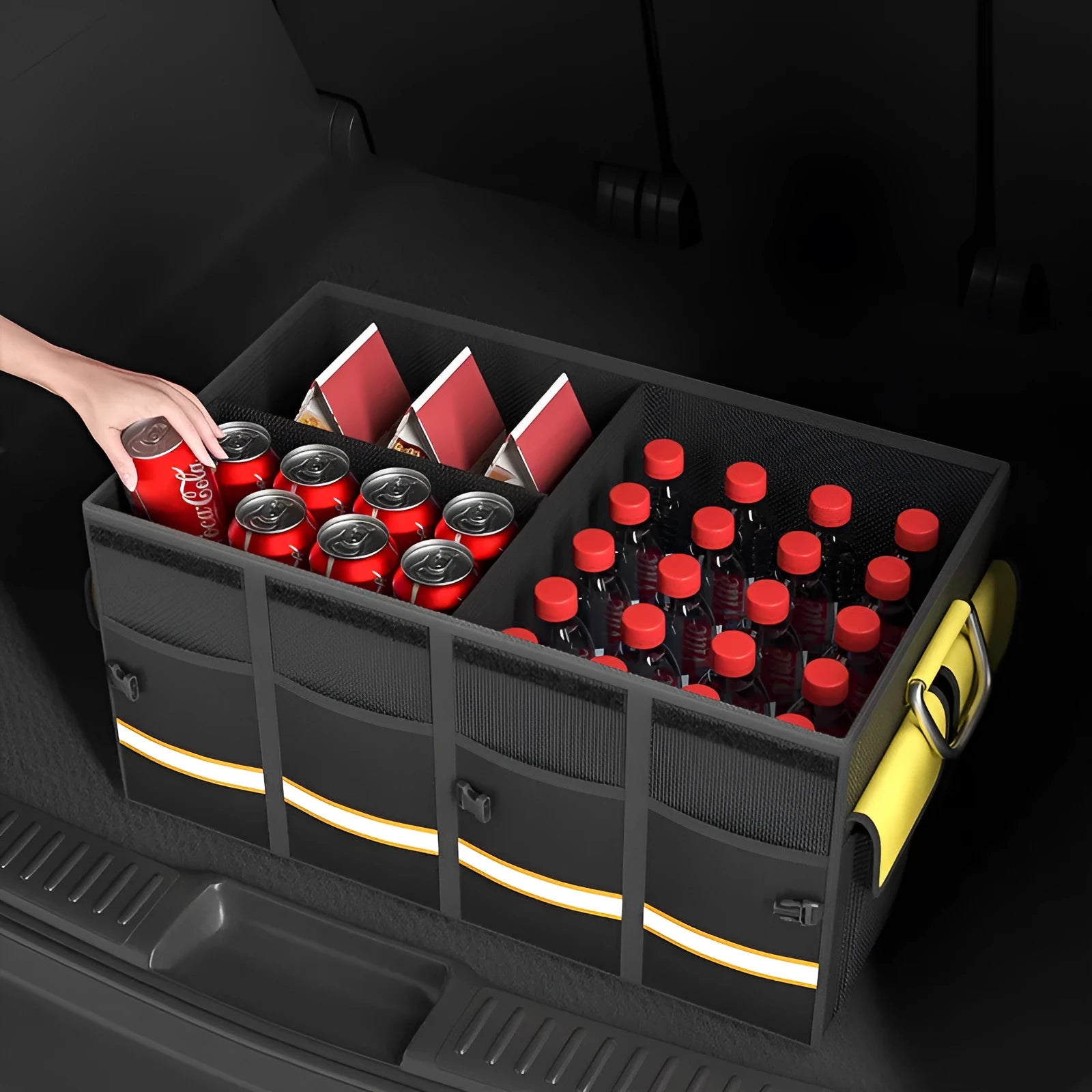 Black and yellow foldable car boot storage organiser bag with handle in three size options.