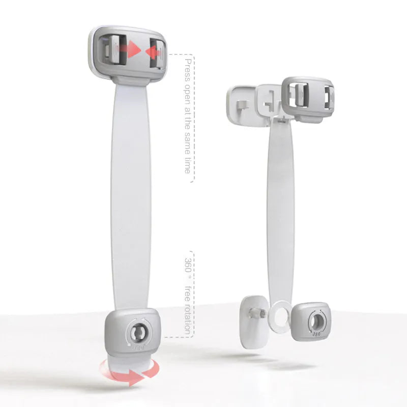 Grey and green adjustable adhesive child safety lock straps for cabinets and drawers.