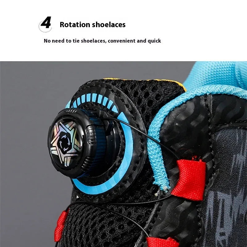Children's rotating button basketball shoes in black with waterproof PU sole and synthetic leather upper