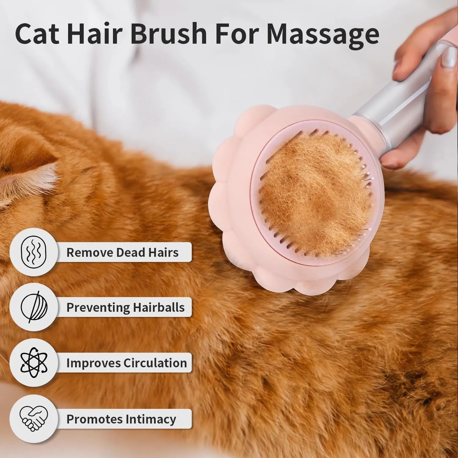Spray cat brush with grey handle, curved metal pins, and release button for pet grooming and hair removal