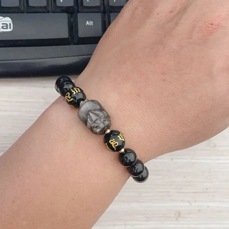 Men's silver stone bracelet with zodiac engravings and beaded design in Chinese style