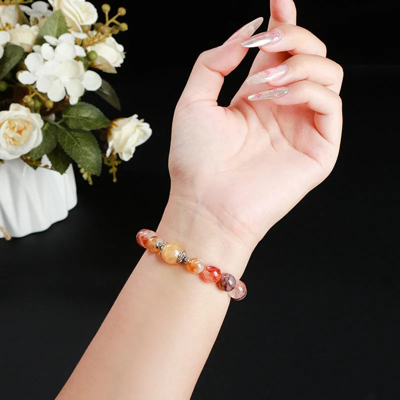 Handmade women's crystal bracelet with 10mm citrine lucky beads and red sealant flower design