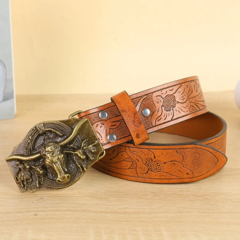 Men's black imitation leather belt with cow head alloy buckle, showing carving and embossing details, length 125cm