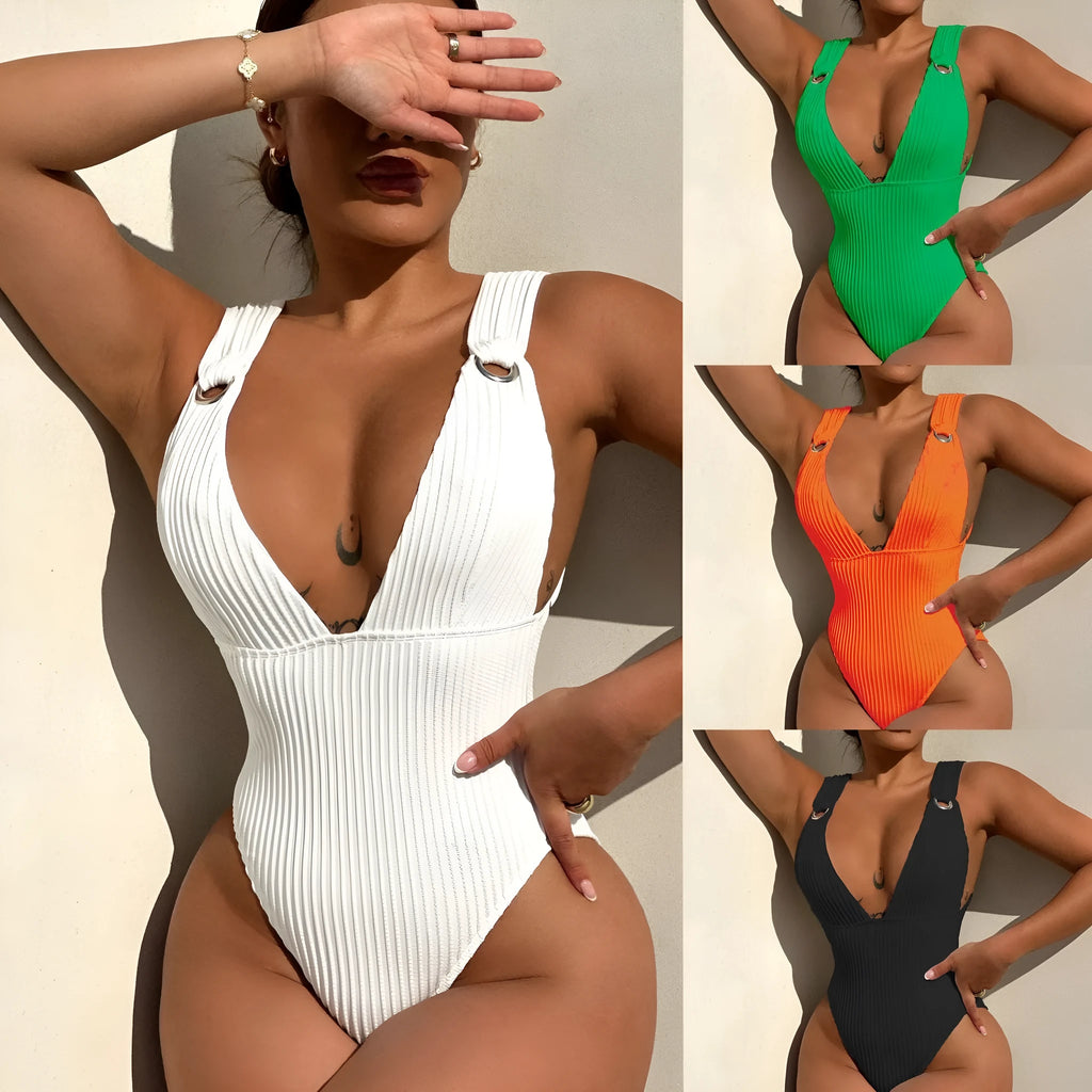 Solid colour one-piece swimsuit for women on a hanger, showing spandex lining and available in black, white, green, orange.