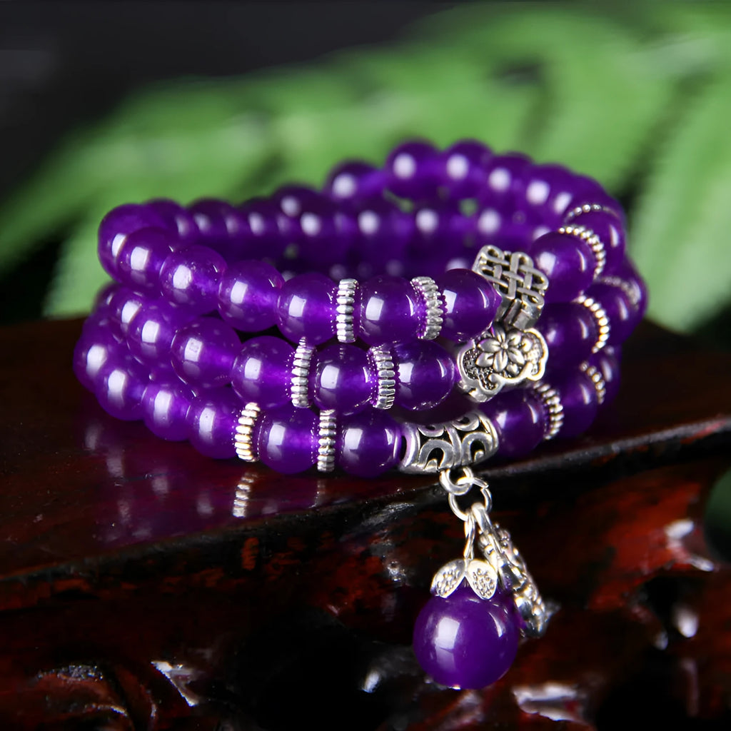Purple chalcedony bracelet with three-circle ethnic design and adjustable fit