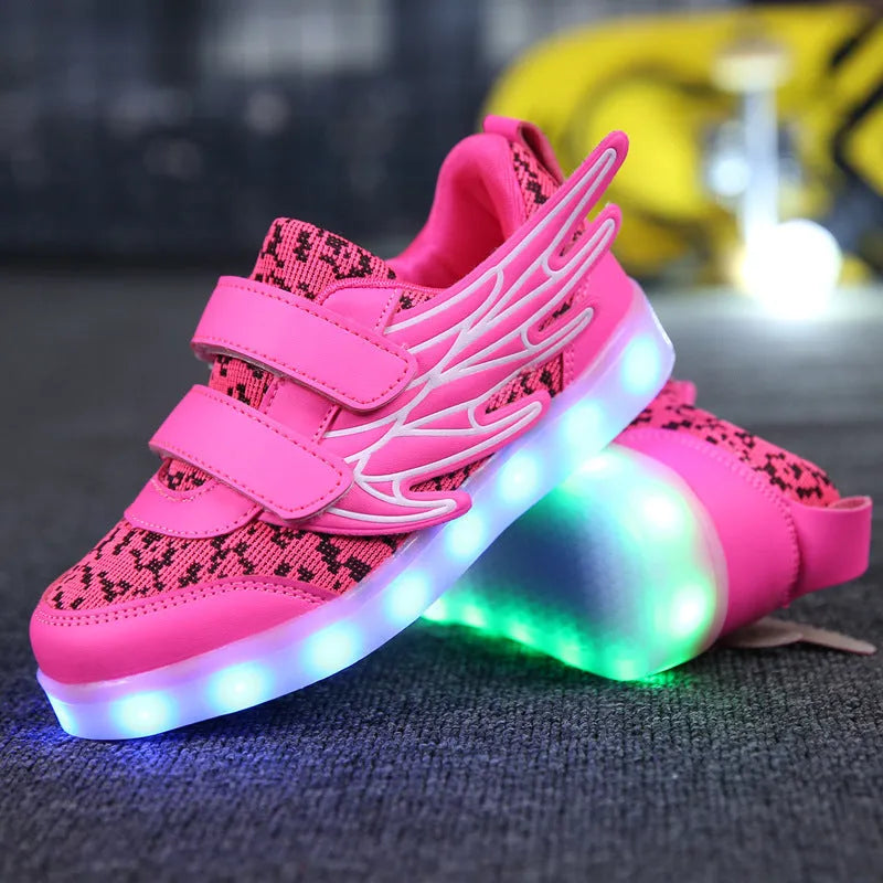 Children's LED light-up sneakers in plum red or white with USB charging port and hidden switch for light modes