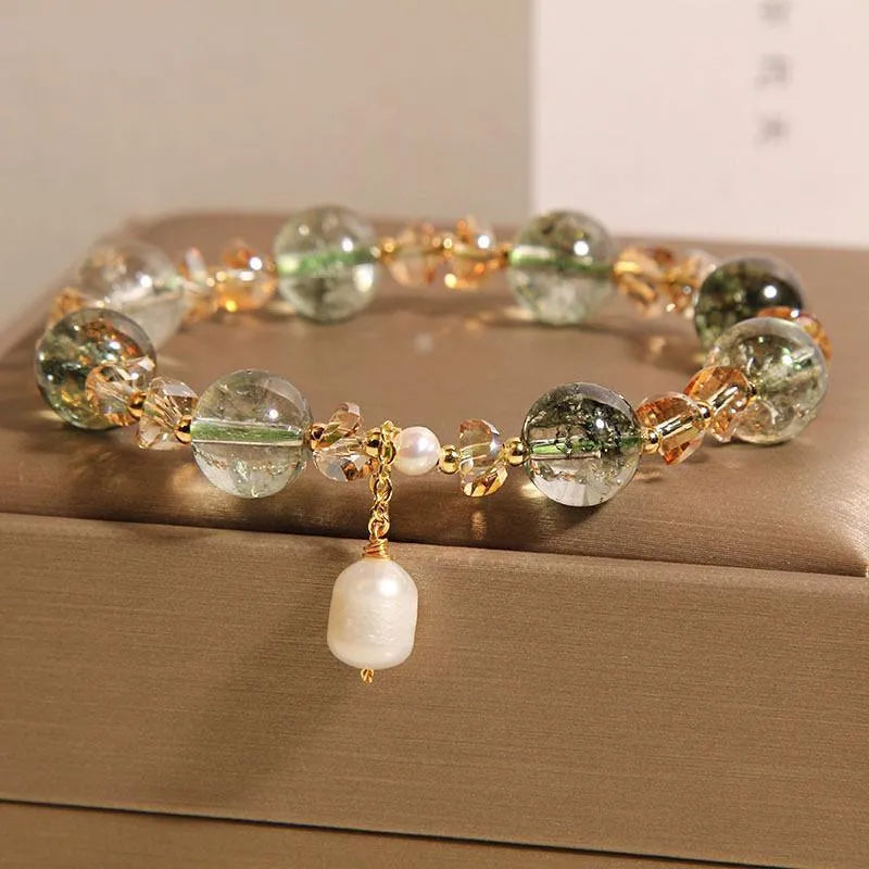 Green phantom quartz crystal bracelet with champagne accents in Japanese Korean style design