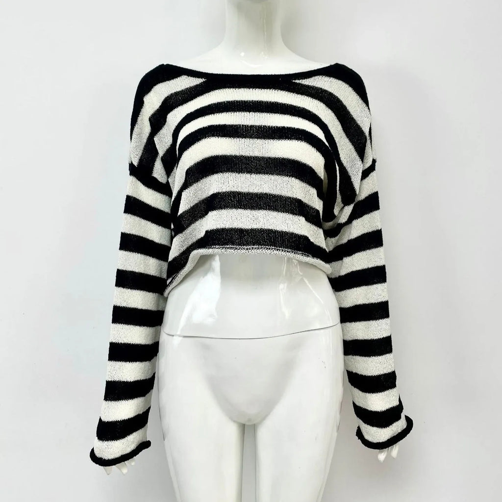 Striped long-sleeved mercerised cotton sweater with exposed navel detail in multiple colour options