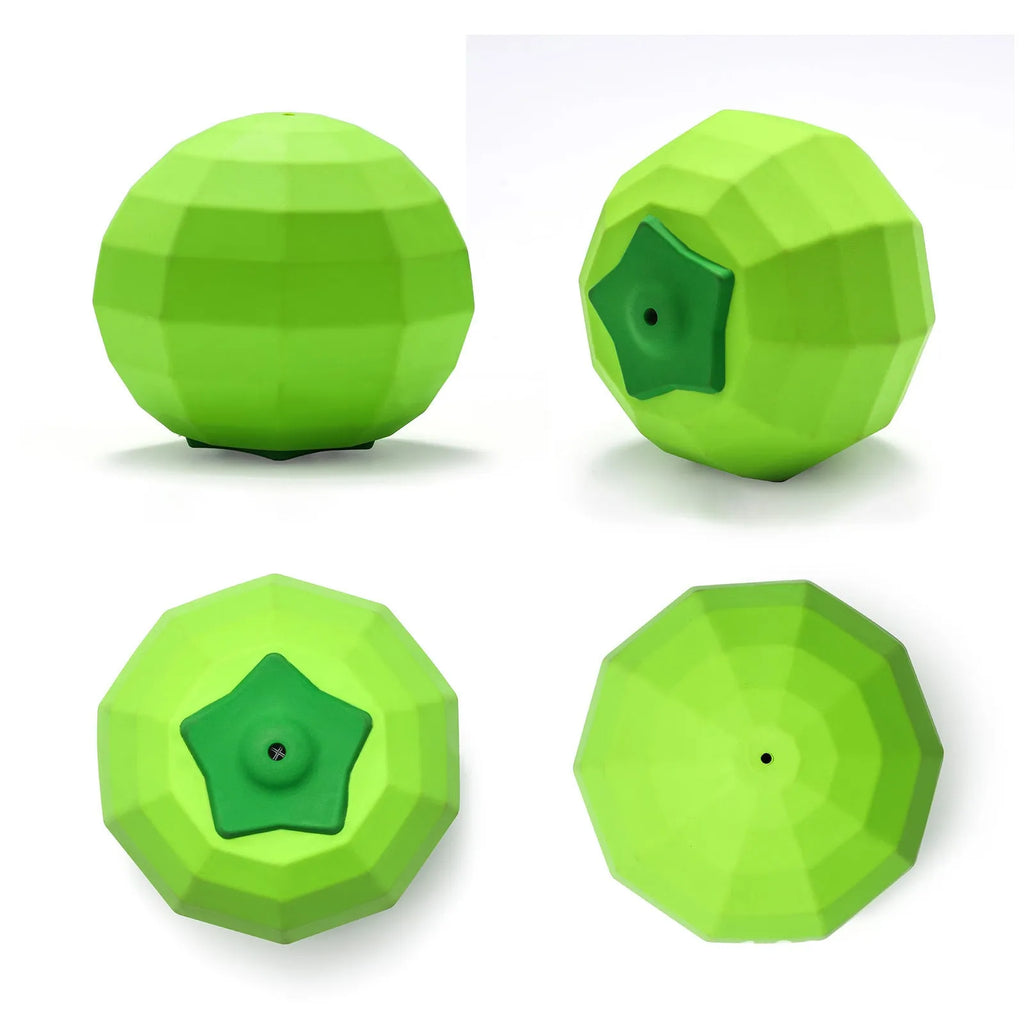 Green natural rubber dog ball with squeaker for aggressive chewers, measures 90x86x80mm