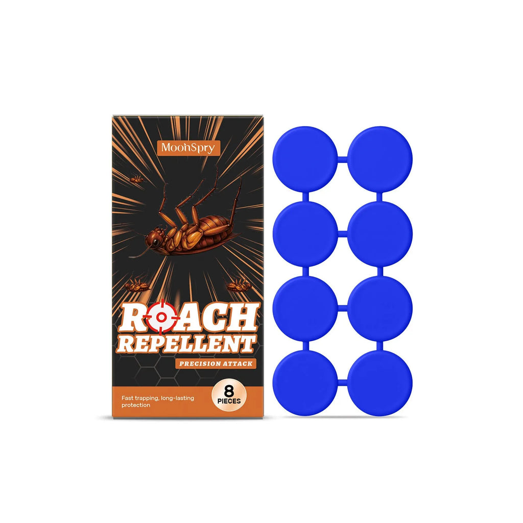 Pack of eight cockroach bait formula stickers and eight adhesive glue traps for indoor kitchen use.