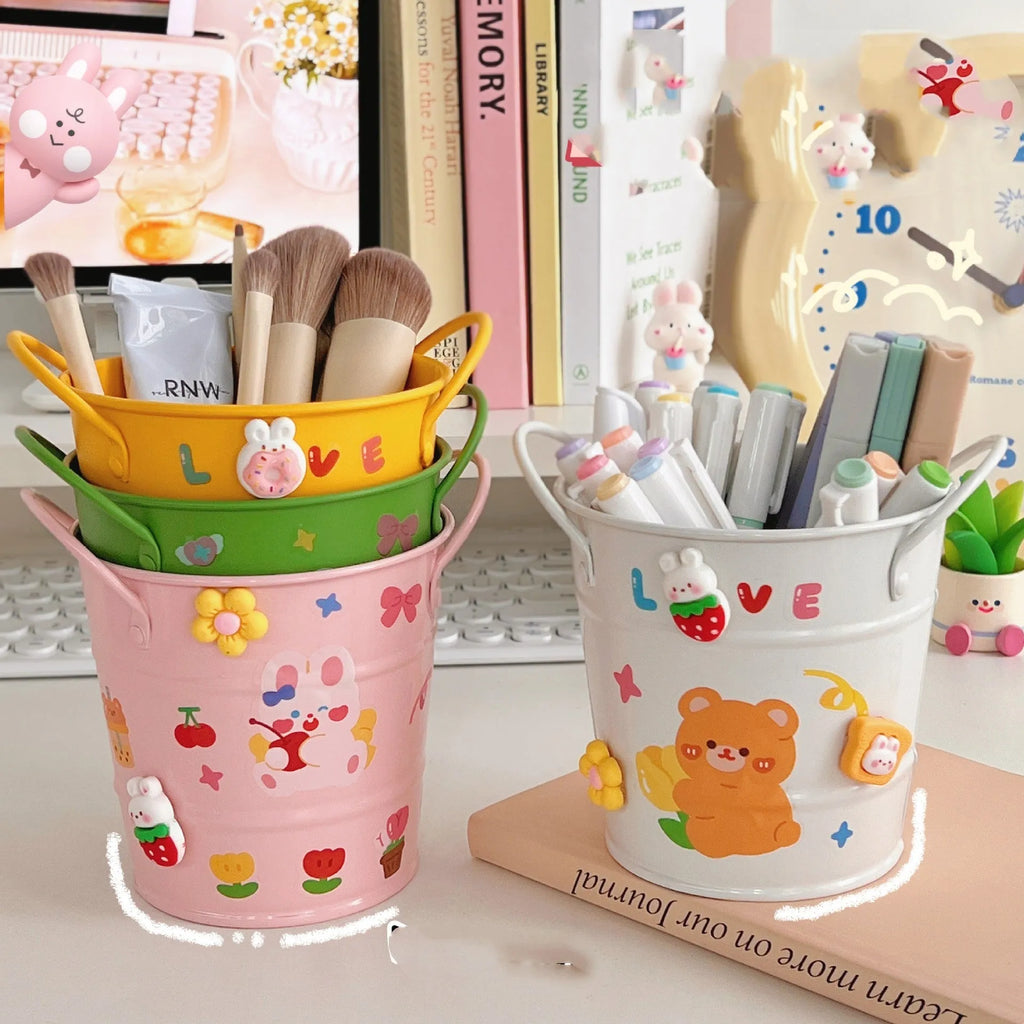 Round metal pen holder in various colours with sticker patch options for desk organisation