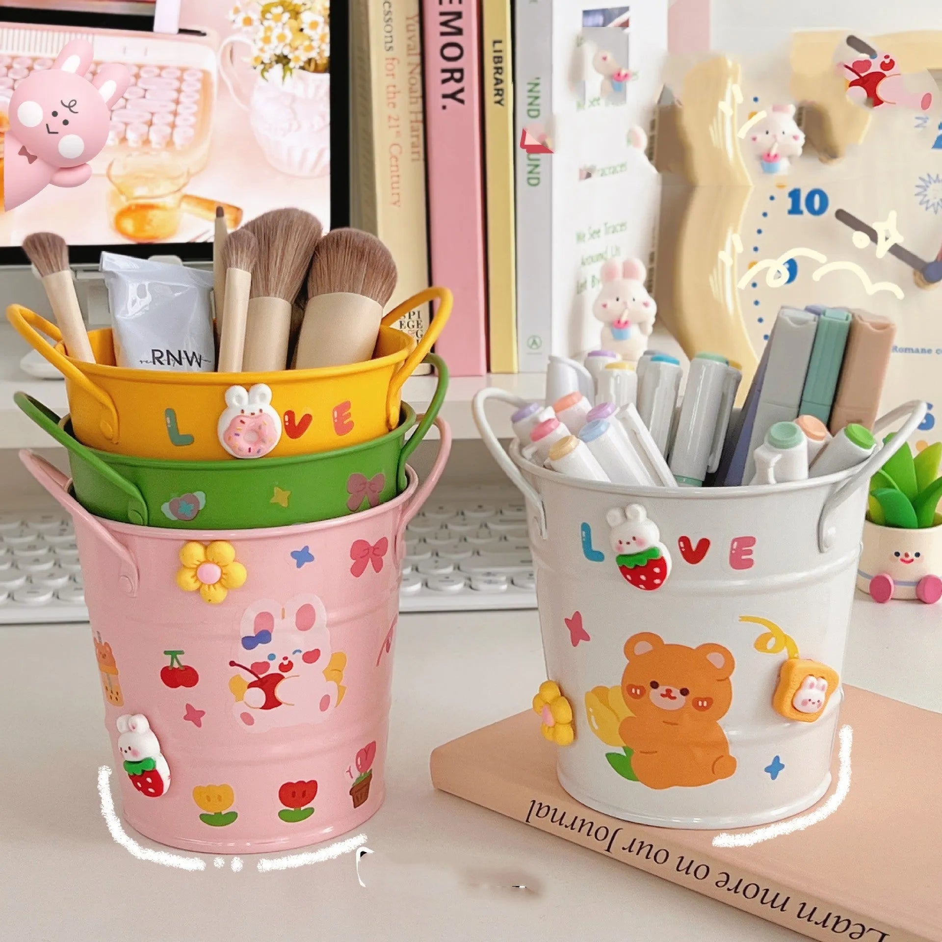 Round metal pen holder in various colours with sticker patch options for desk organisation