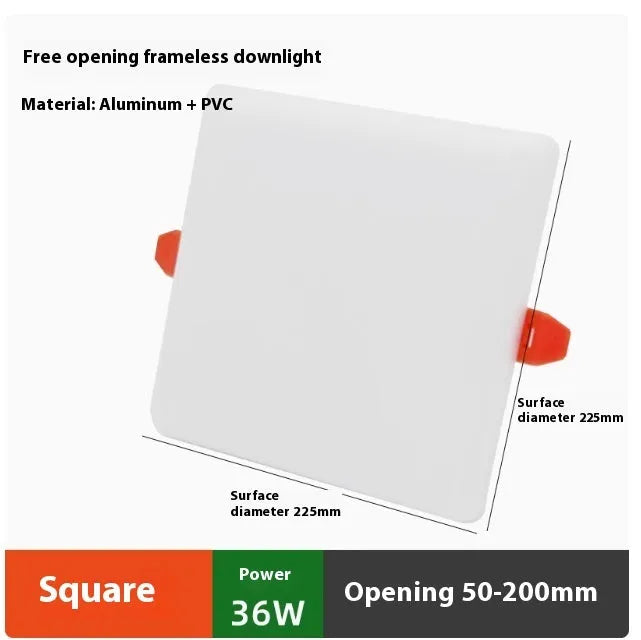 Ultra-thin square and circular LED panel lights with adjustable mounting tubes on a white ceiling.