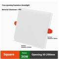 Ultra-thin square and circular LED panel lights with adjustable mounting tubes on a white ceiling.